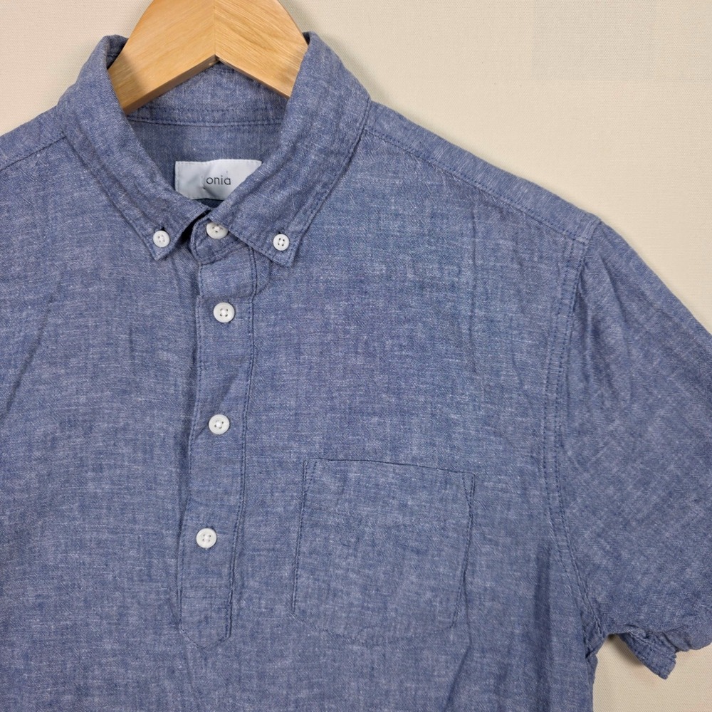 Onia Linen Blend Popover‎ Shirt Mens S Blue Short Sleeve Button Down Pocket